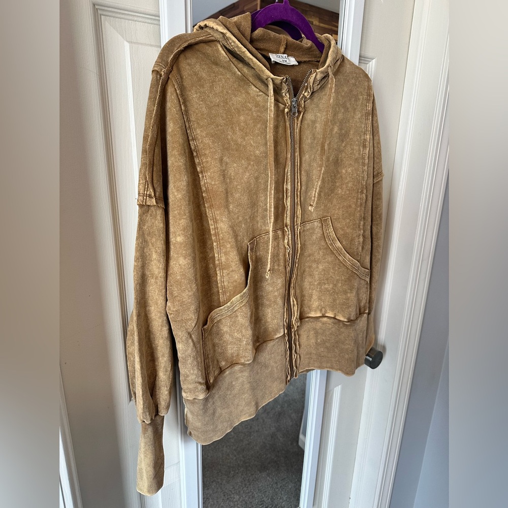 NWOT🤎Zenana Acid Washed French Terry Zip Hoodie S/M  Camel - Picture 4 of 9